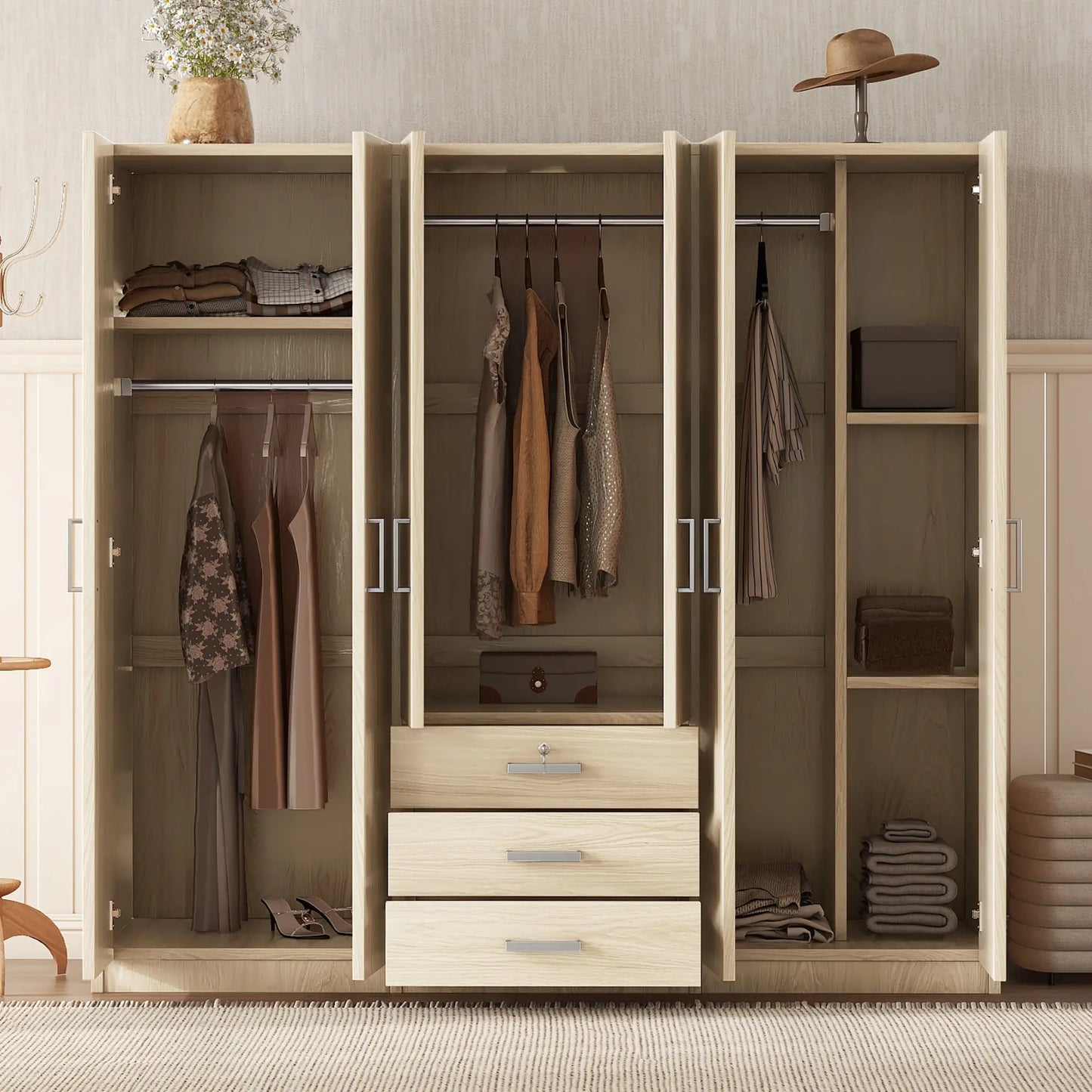 Wooden Wardrobe, 3 Drawers, MDF, Silver Handles, 71" L x 19" W x 68" H, Natural Clothing Storage at Gallery Canada