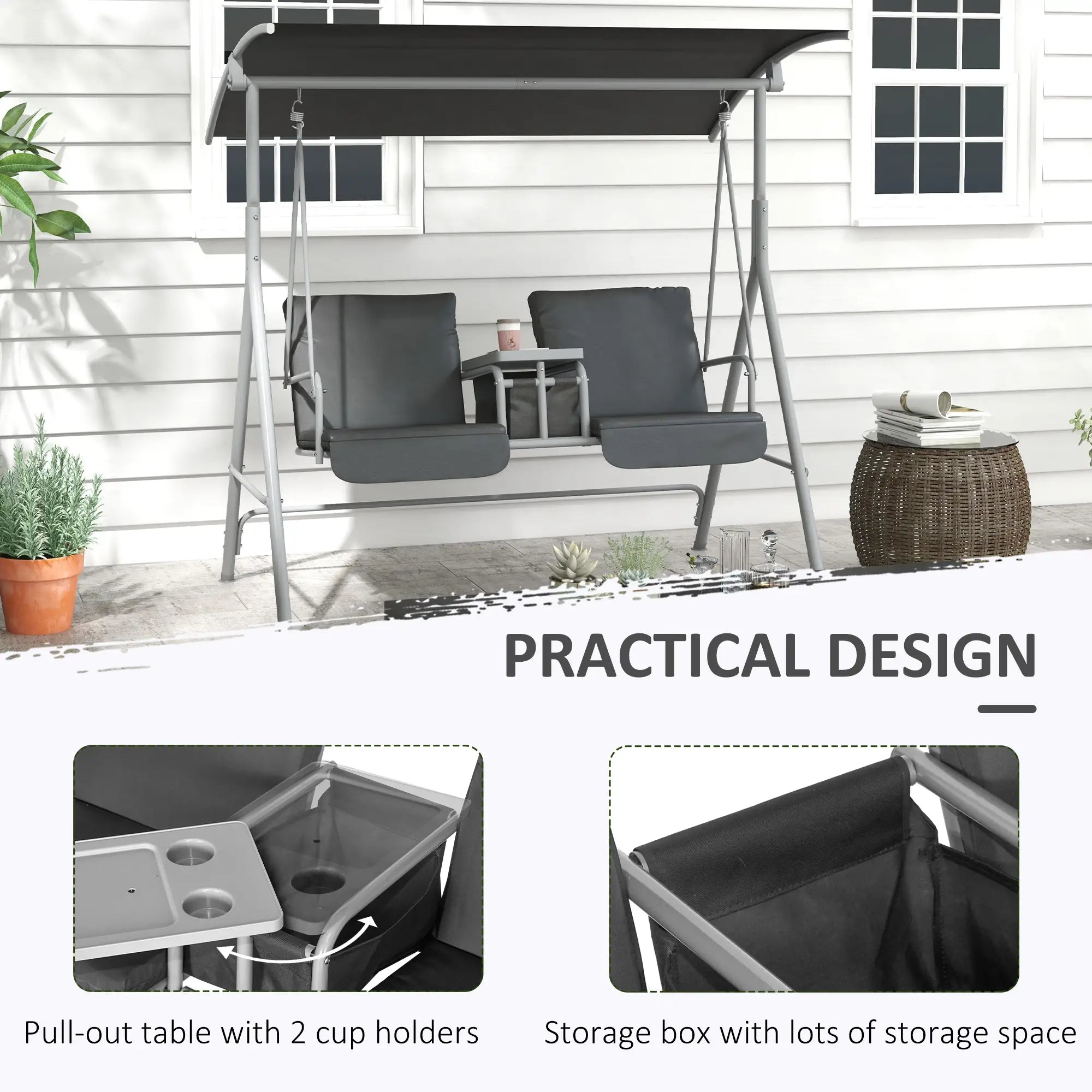 2-Seater Outdoor Porch Swing, Adjustable Canopy, Table, Grey Patio Swings with Stand at Gallery Canada