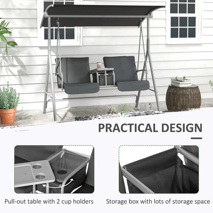 2-Seater Outdoor Porch Swing, Adjustable Canopy, Table, Grey Patio Swings with Stand at Gallery Canada