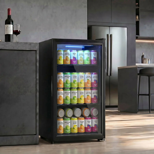 3.2 Cu.Ft Beverage Fridge, 128 Can, Glass Door, Black Small Kitchen Appliances Black at Gallery Canada