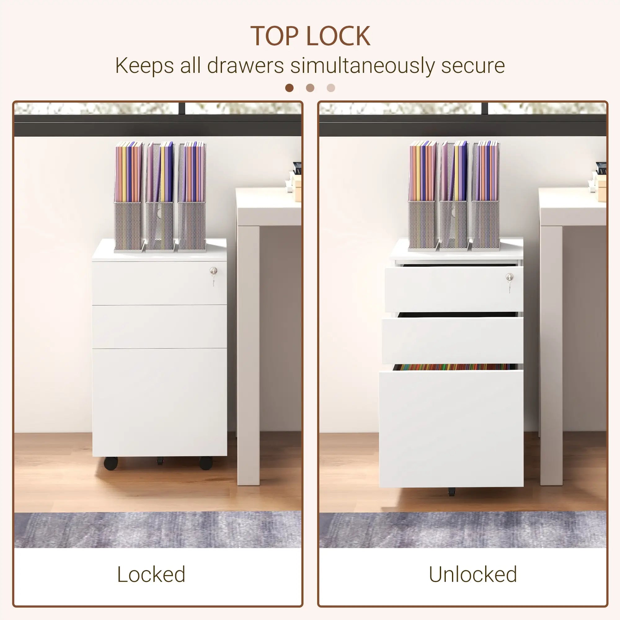3-Drawer Steel Filing Cabinet on Wheels, Lockable, Adjustable Hanging Bar, White Office Cabinets & Cupboards at Gallery Canada