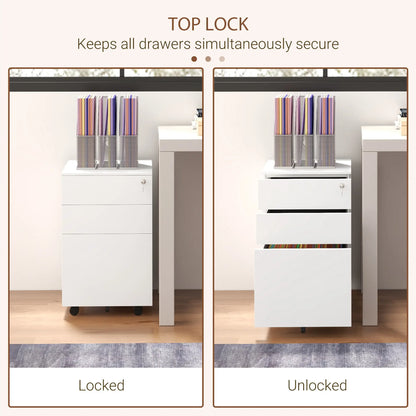 3-Drawer Steel Filing Cabinet on Wheels, Lockable, Adjustable Hanging Bar, White Office Cabinets & Cupboards at Gallery Canada