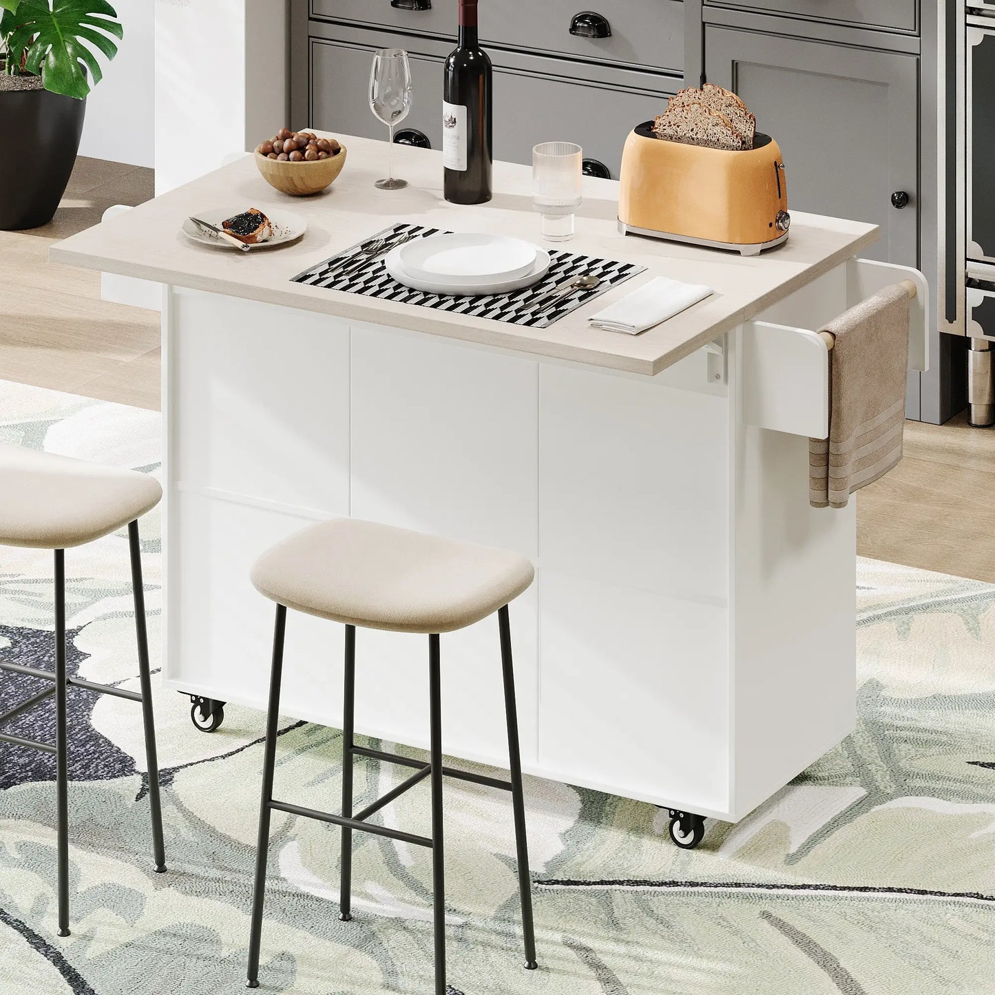 Kitchen Island with Tilt-Out Trash Cabinet, Adjustable Shelf, 51" L x 20" W x 35" H, White Kitchen Islands & Kitchen Carts at Gallery Canada