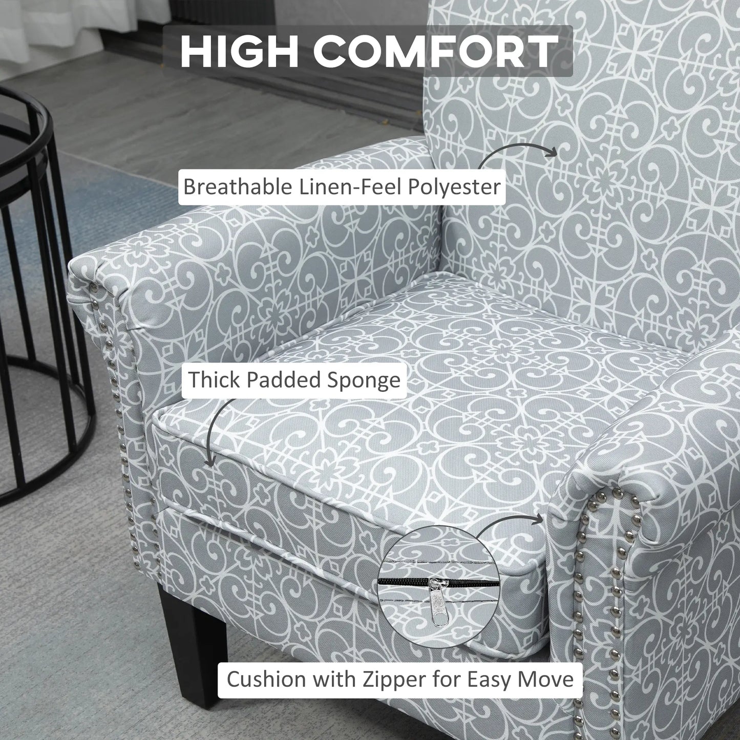 Upholstered Accent Chair, Soft Linen Fabric, Rolled Armrest, Grey Single Sofas at Gallery Canada