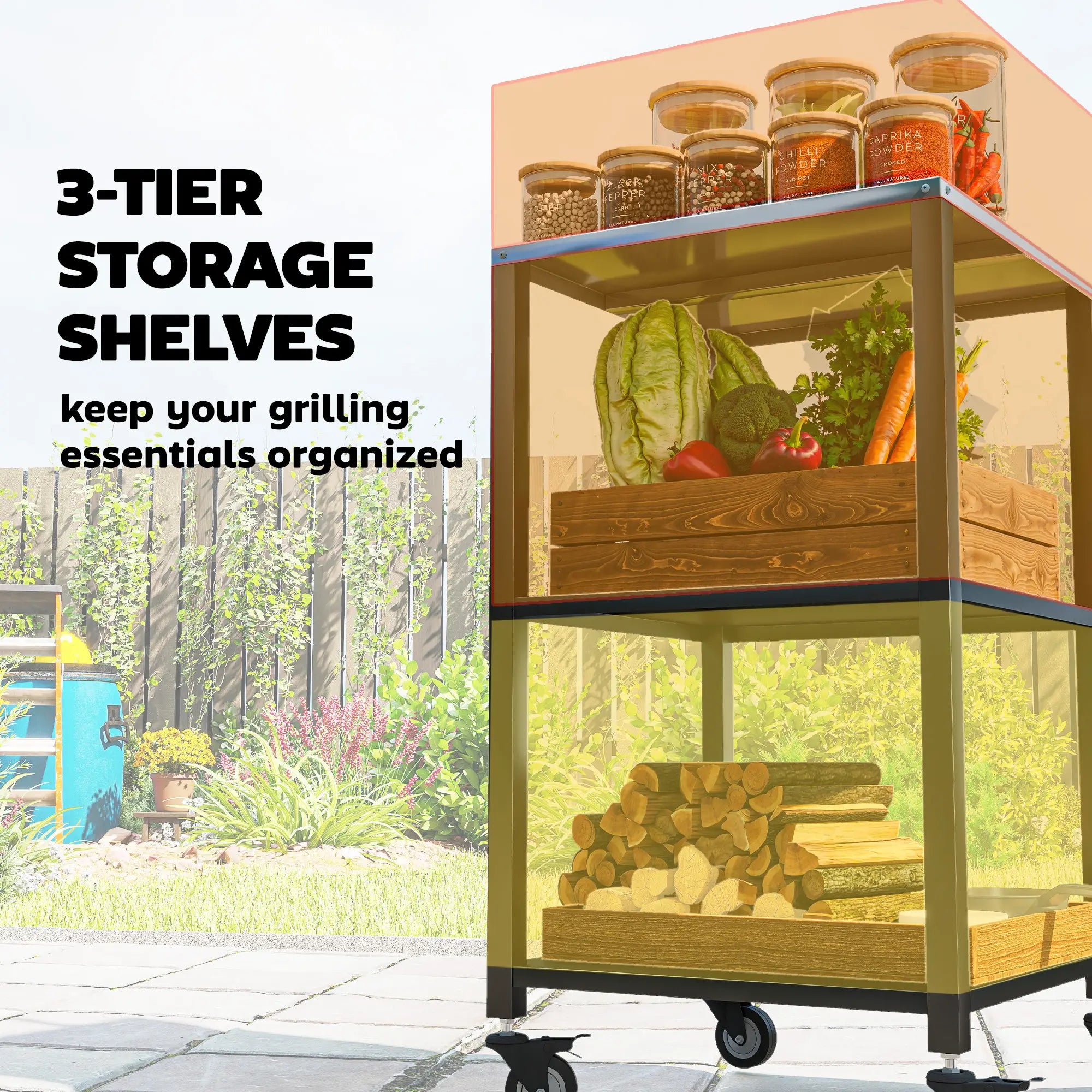 Outdoor Grill Cart, Pizza Oven Stand, 3-Tier Rolling Kitchen Prep Station, Black Outdoor Grill Carts at Gallery Canada