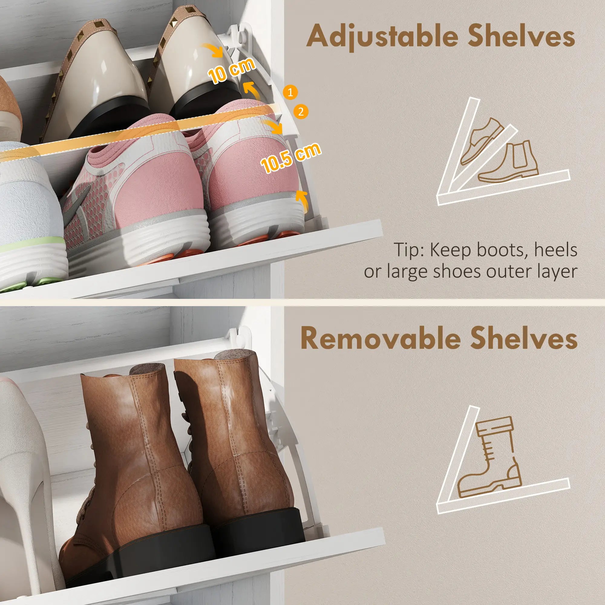 Narrow Shoe Cabinet with 2 Flip Drawers, Slim, White Wood Grain, White Shoe Storage Cabinets & Racks at Gallery Canada