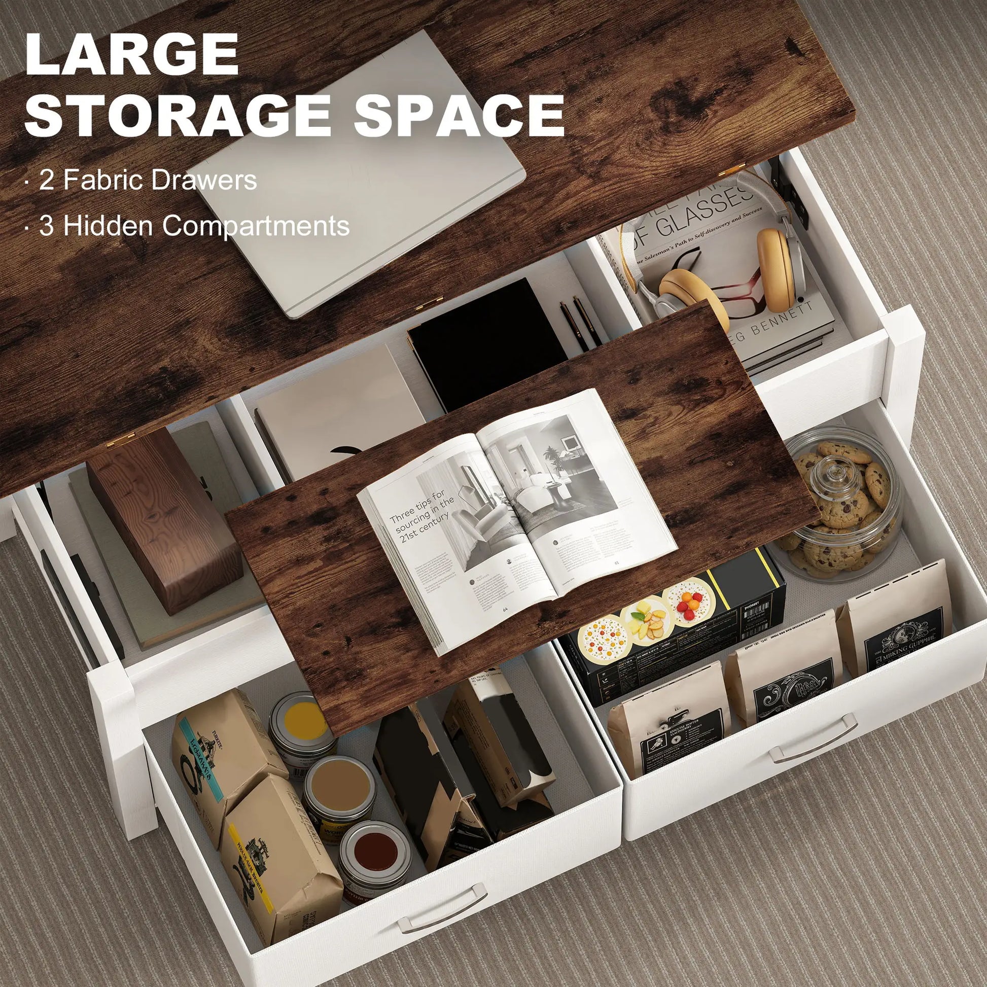 Lift Top Coffee Table, 3 Hidden Compartments, 2 Fabric Drawers Coffee Tables at Gallery Canada