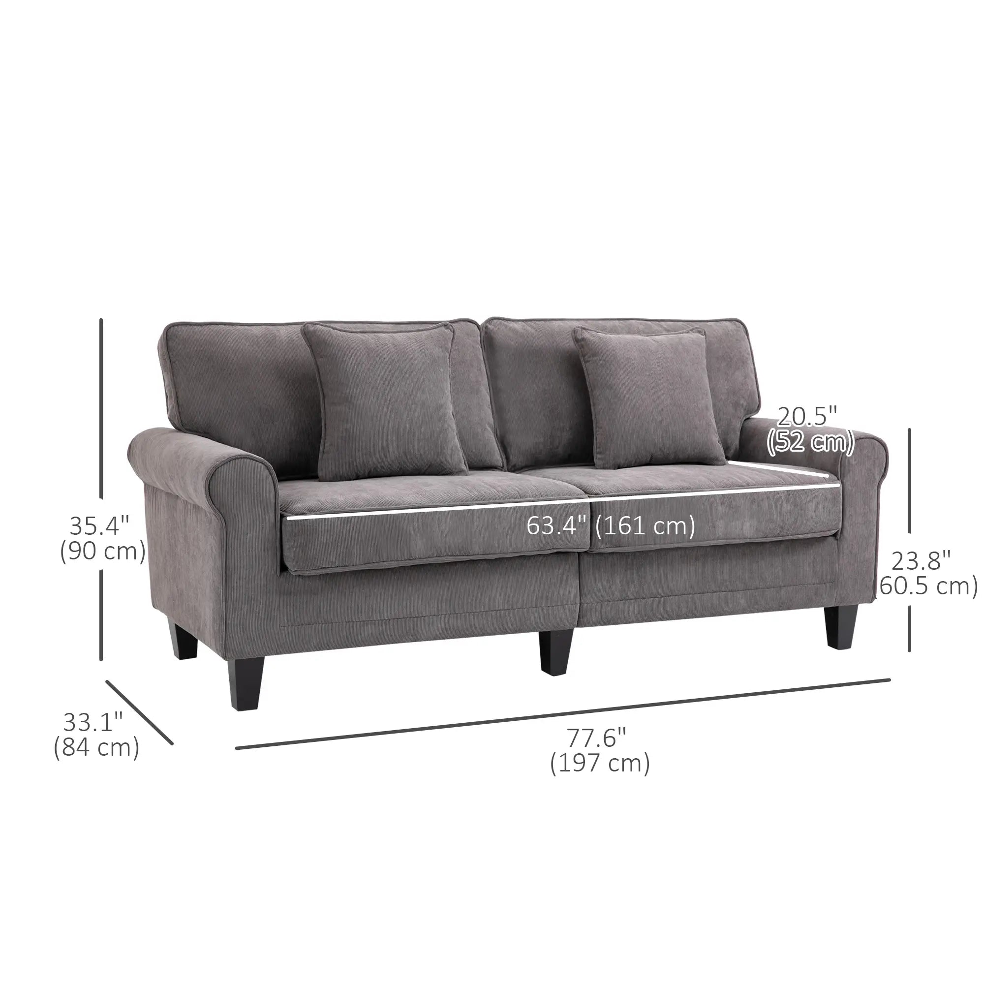 Modern 3 Seater Sofa, Corduroy Fabric, Pine Wood Legs, Light Grey 3-Seater Sofas at Gallery Canada