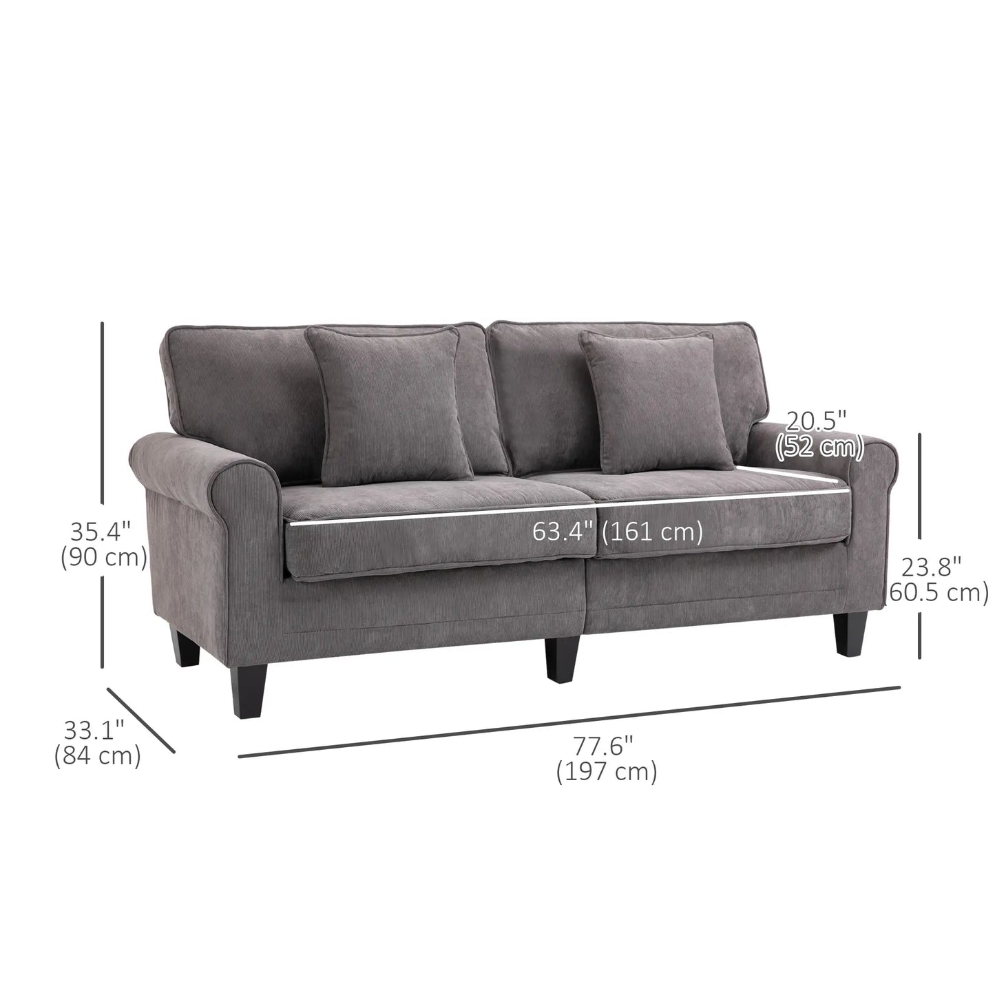 Modern 3 Seater Sofa, Corduroy Fabric, Pine Wood Legs, Light Grey 3-Seater Sofas at Gallery Canada