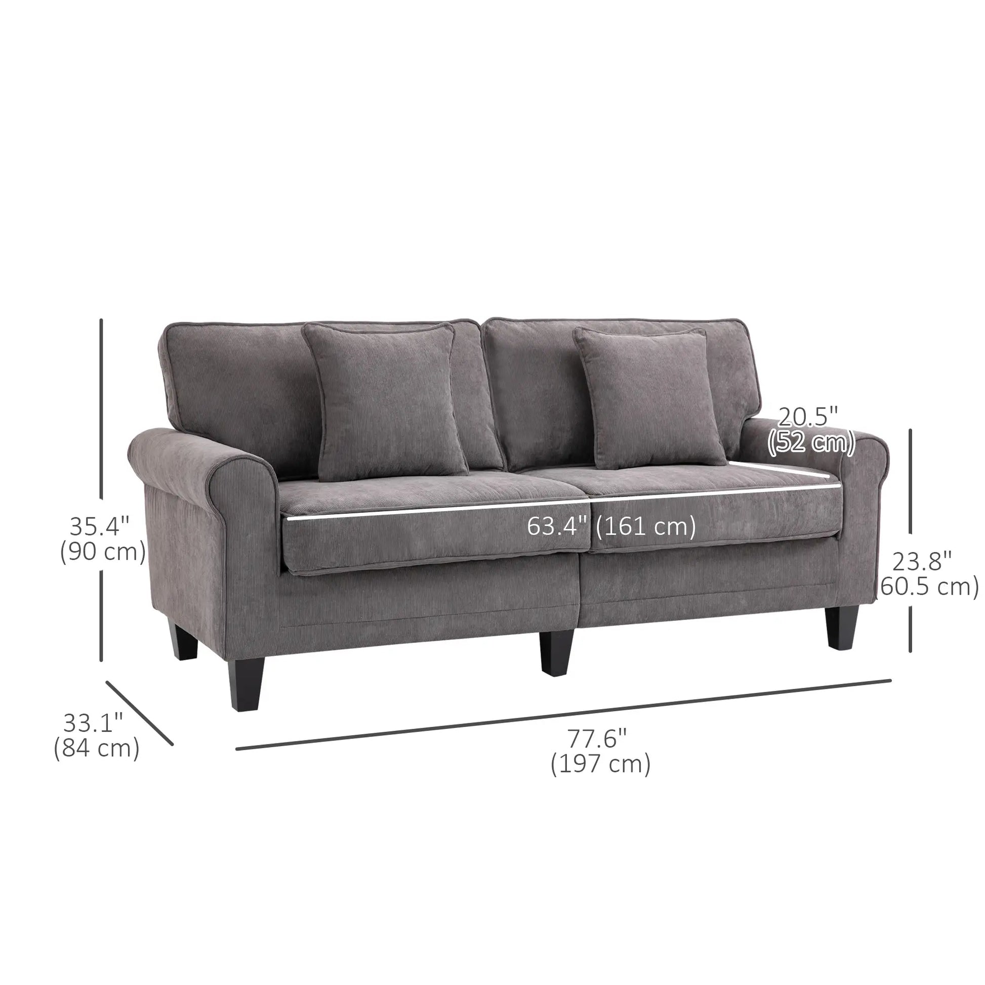 Modern 3 Seater Sofa, Corduroy Fabric, Pine Wood Legs, Light Grey 3-Seater Sofas at Gallery Canada