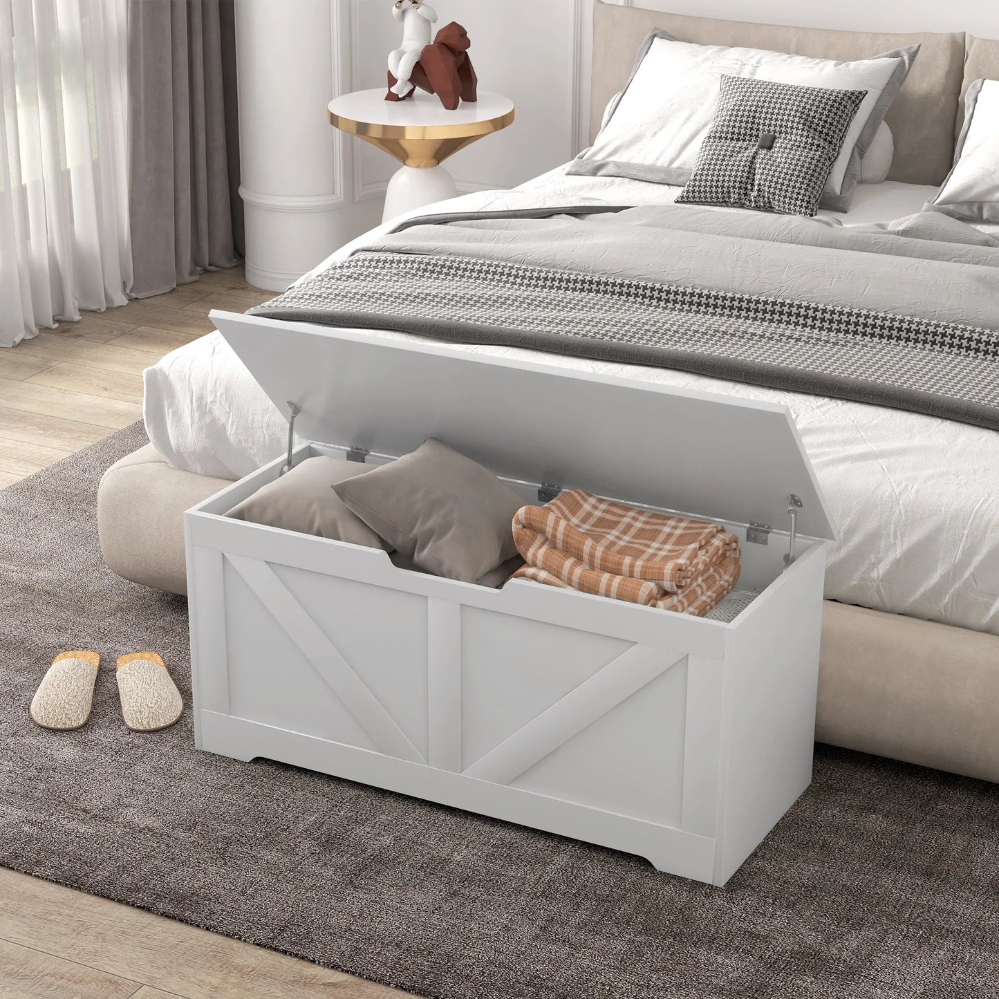 39.4 Inches Wooden Storage Chest, 2 Safety Hinges, White Wood Grain Storage Cabinets at Gallery Canada