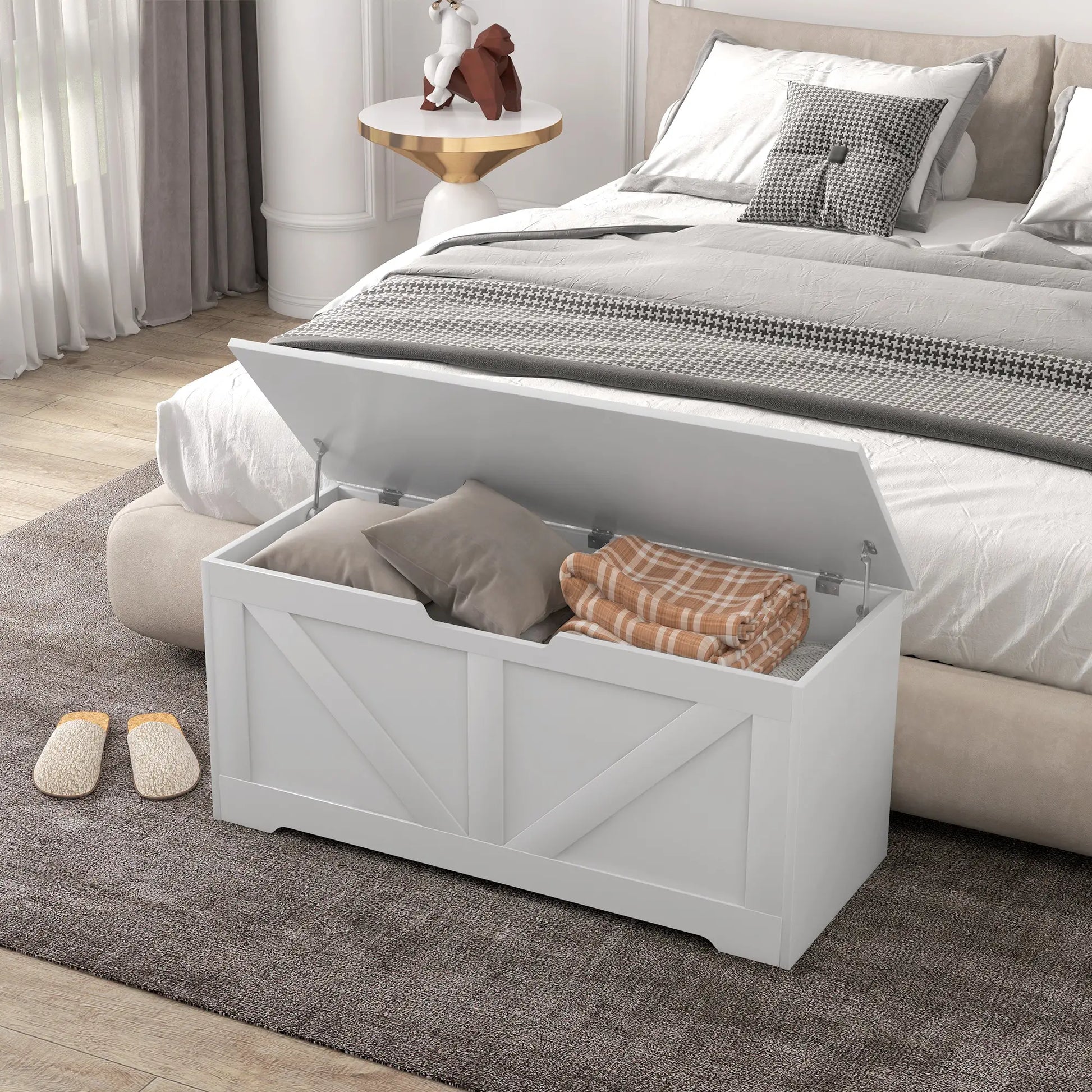 39.4 Inches Wooden Storage Chest, 2 Safety Hinges, White Wood Grain Storage Cabinets at Gallery Canada