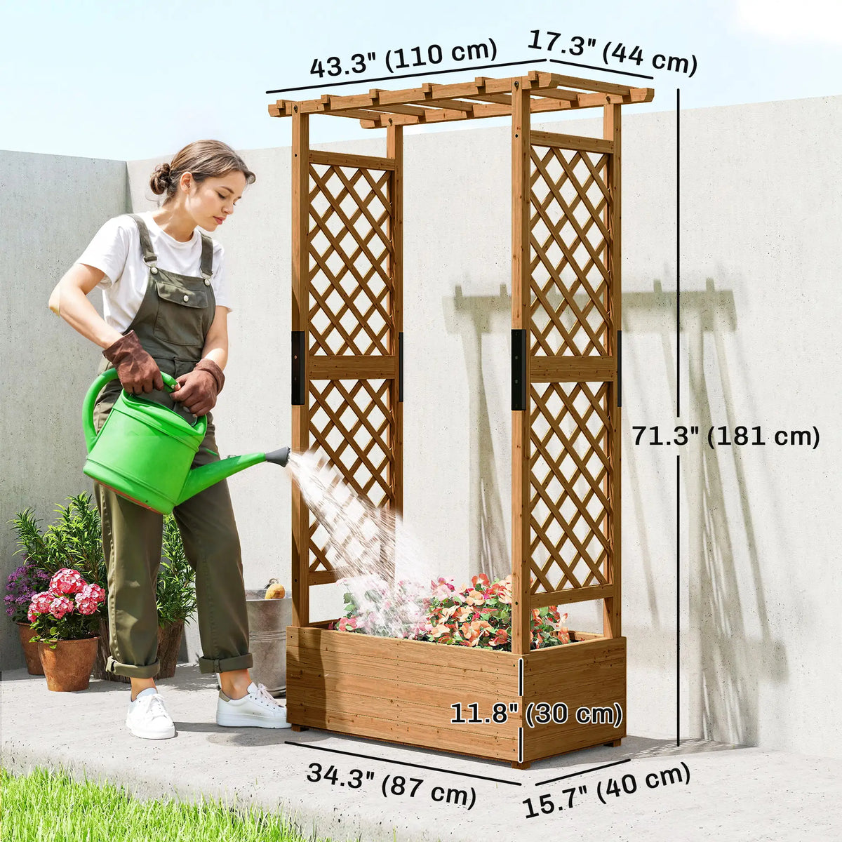 Lit de jardin surélevé en bois avec treillis et toit suspendu, orange