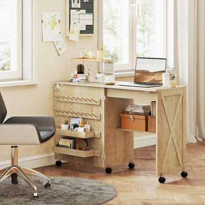 Sewing Machine Table on Wheels, Folding Craft Table with Storage, Natural Storage Cabinets at Gallery Canada