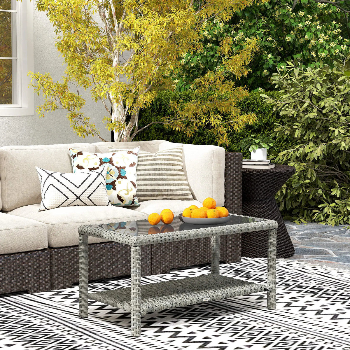 35" Outdoor Wicker Coffee Table, Glass Top, Storage Shelf, Dark Grey Coffee Tables at Gallery Canada