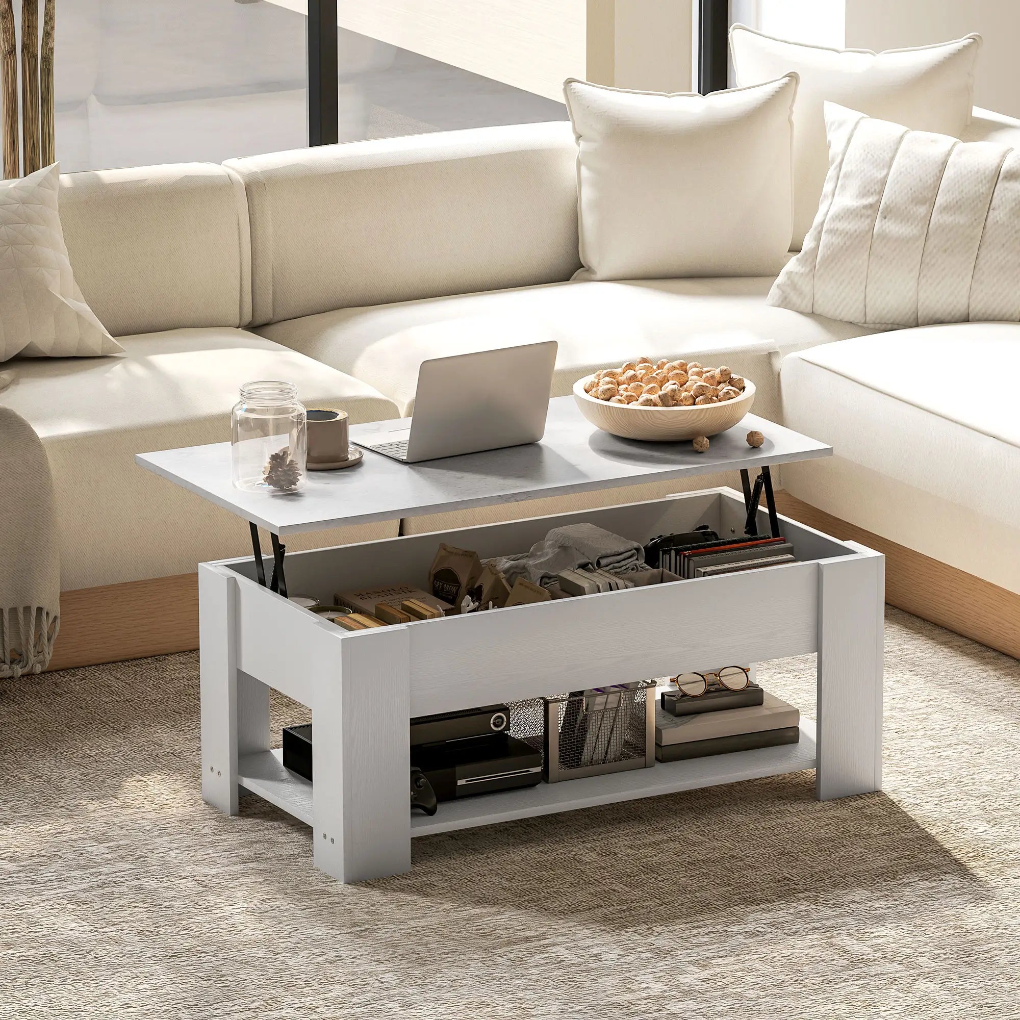 Lift Top Coffee Table, Hidden Storage, Open Shelf, White Coffee Tables at Gallery Canada