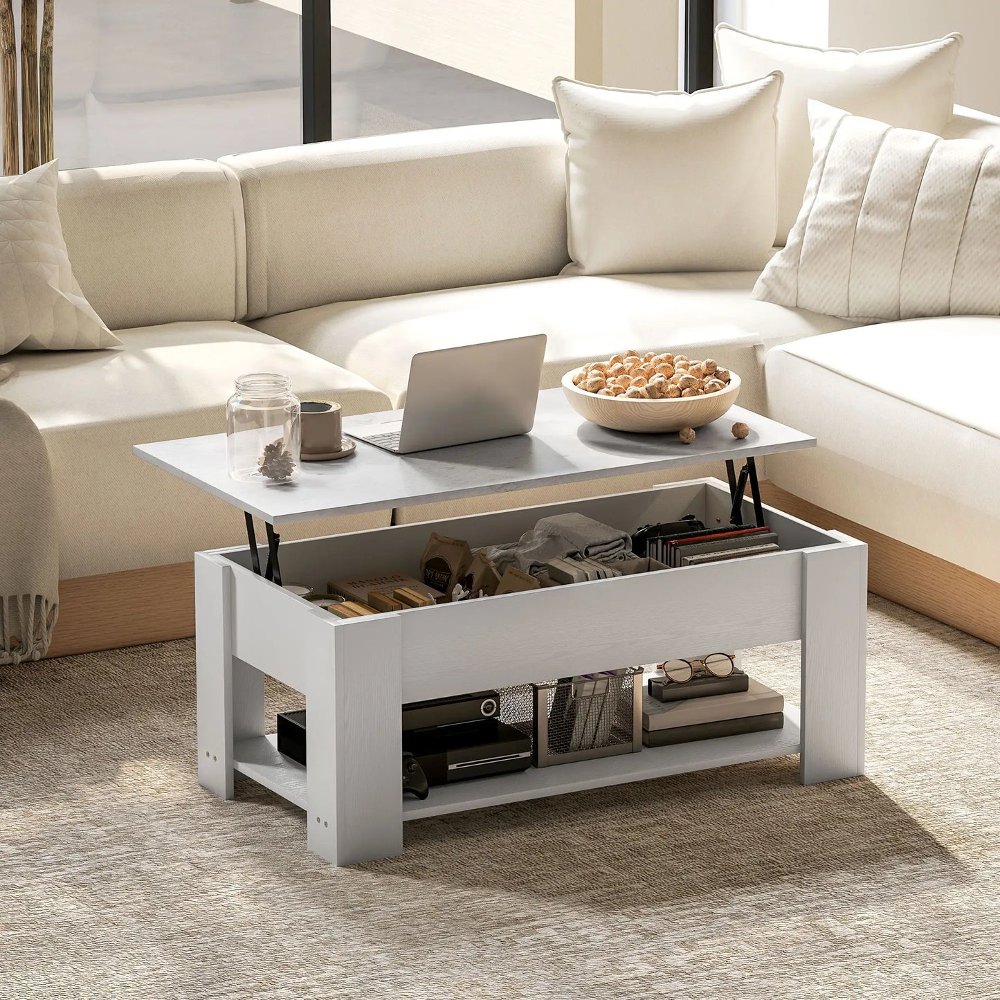 Lift Top Coffee Table, Hidden Storage, Open Shelf, White Coffee Tables at Gallery Canada