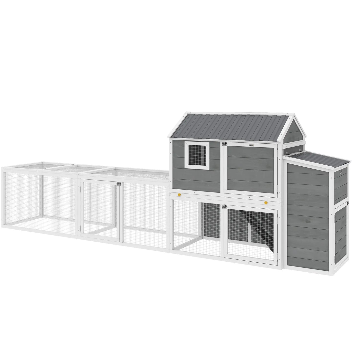 Large Chicken Coop, 134"L Wooden House With Run, Nesting Box, Slide-Out Tray Chicken Coops Grey, White, Black at Gallery Canada