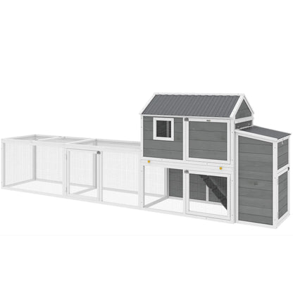 Large Chicken Coop, 134"L Wooden House With Run, Nesting Box, Slide-Out Tray Chicken Coops Grey, White, Black at Gallery Canada
