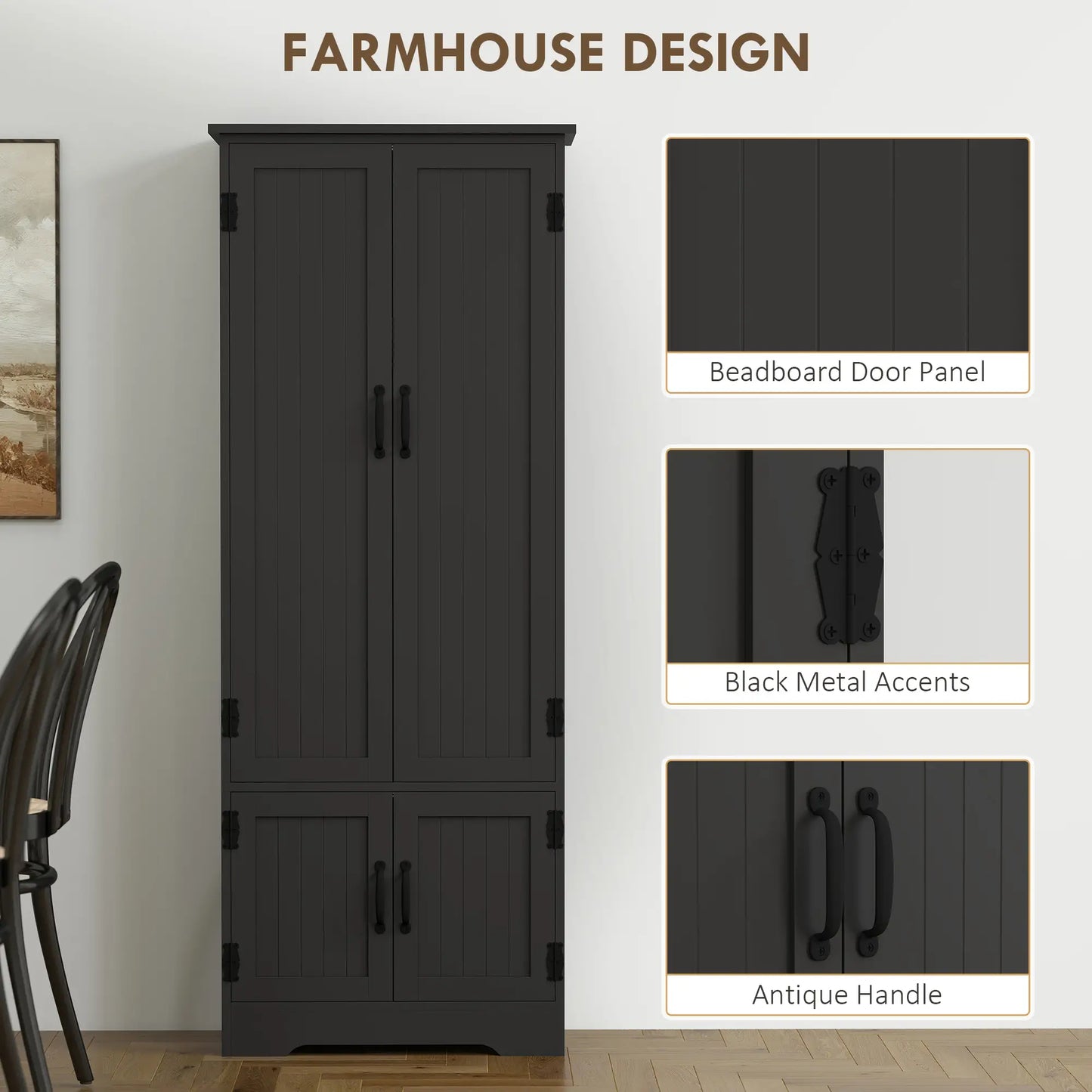 60 Inch 4-Door Storage Cabinet, Adjustable Shelves, Black Kitchen Pantry Cabinets at Gallery Canada