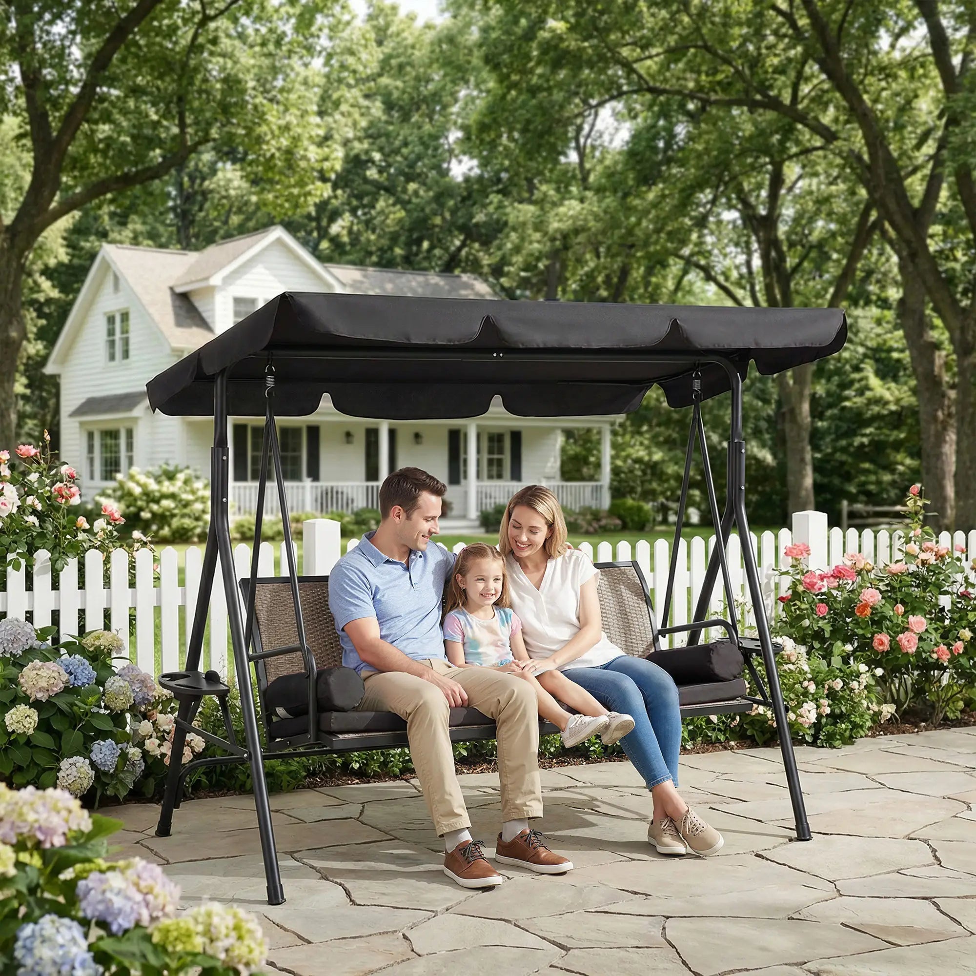 Outdoor 3-Seat Porch Swing, Rattan Seat, Removable Cushion Patio Swings with Stand at Gallery Canada