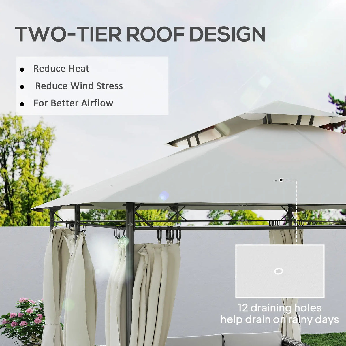 10' x 13' Gazébo de Patio à Double Toit, Extérieur avec Rideaux, Blanc Crème