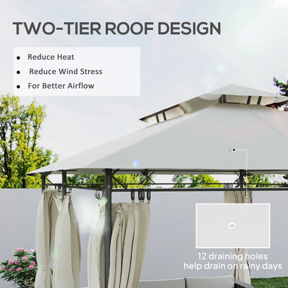 10' x 13' Gazébo de Patio à Double Toit, Extérieur avec Rideaux, Blanc Crème