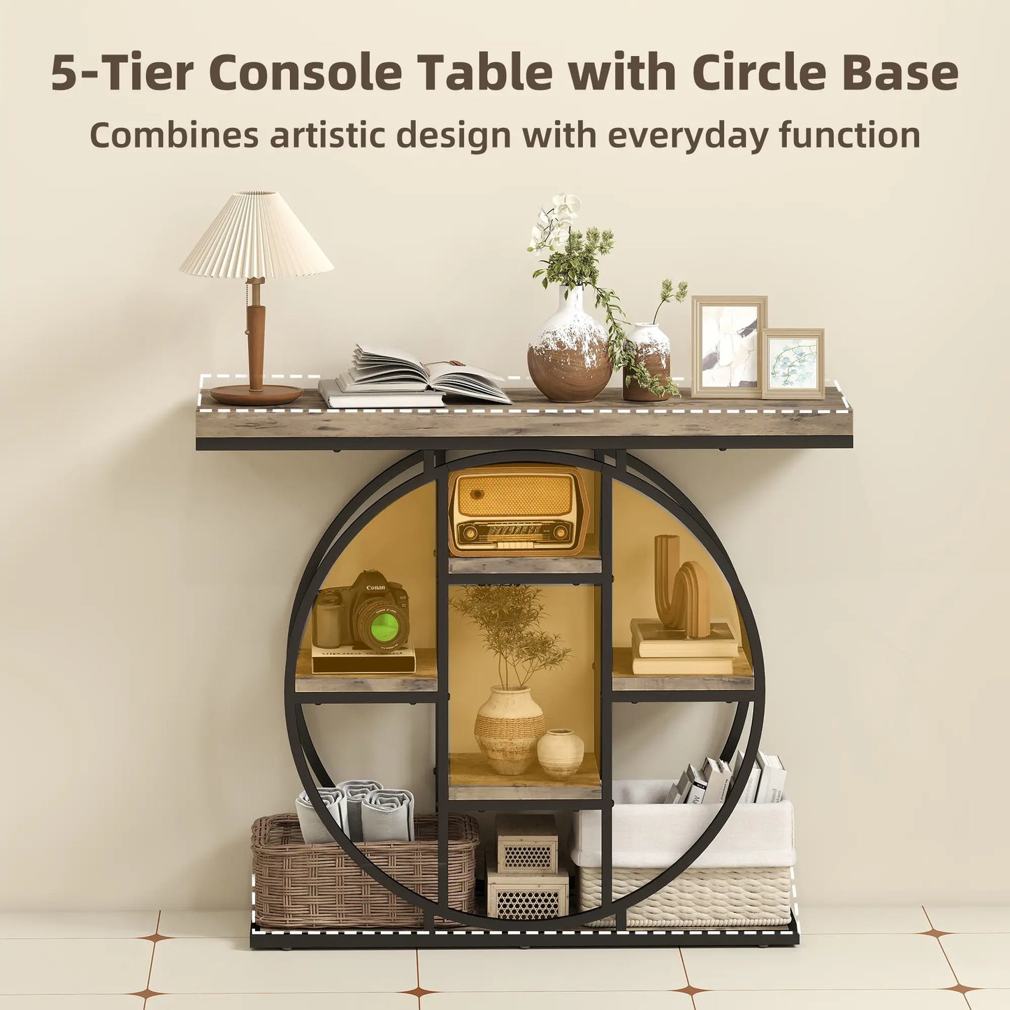 39.4" Console Table With Storage Shelves, Rustic Brown