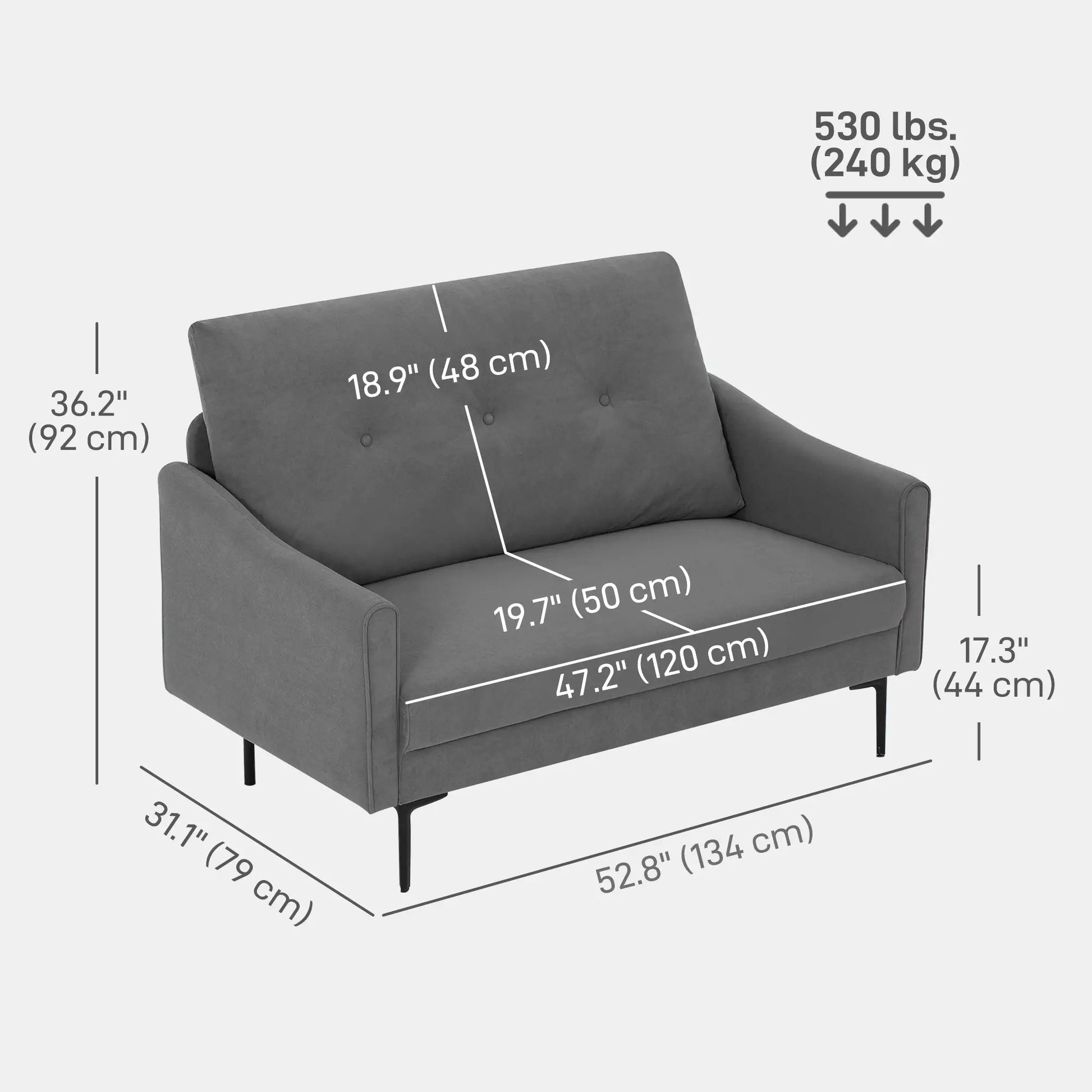 2 Seater Sofa, Small Size, Modern Couch with High-Resilience Foam, Grey 2-Seater Sofas at Gallery Canada