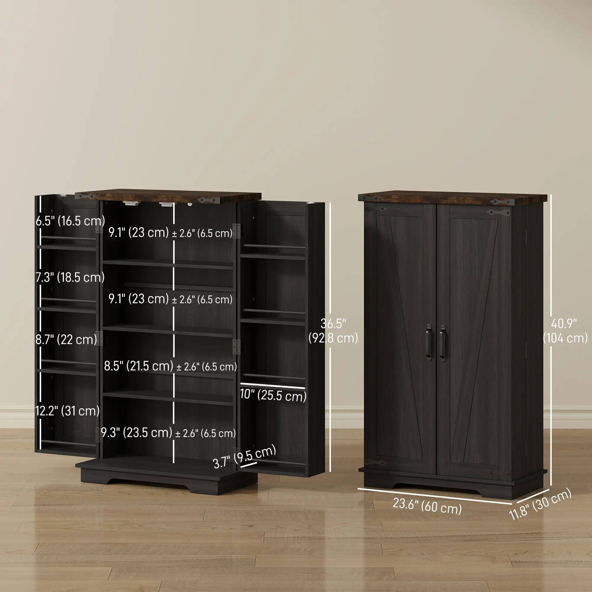 Farmhouse Kitchen Pantry Cabinet, Adjustable Shelves, Black Kitchen Pantry Cabinets at Gallery Canada