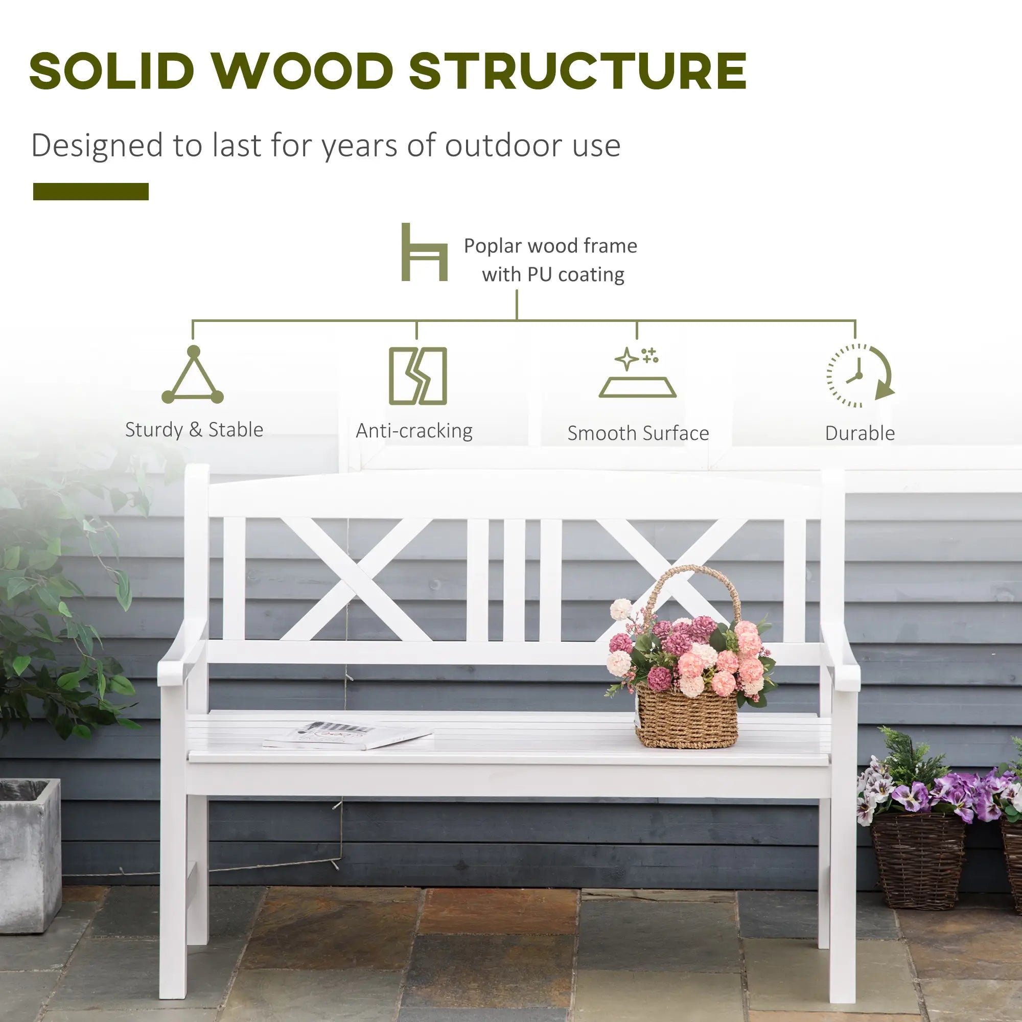 2-Seater Wooden Garden Bench, 4FT Outdoor Patio Loveseat, White Outdoor Benches at Gallery Canada