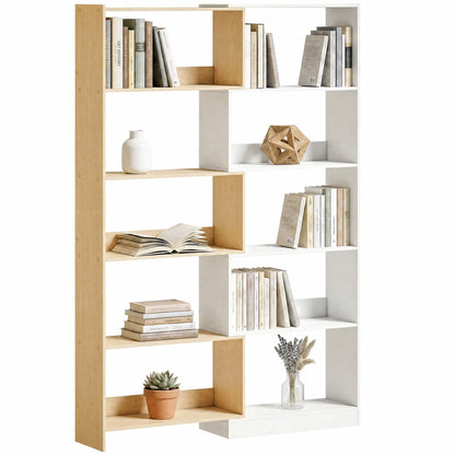 Corner Bookshelf, 5-Tier L-Shaped Bookcase with 350° Rotating Design, Two-Tone Design, Fruitwood/White Display Bookshelves Fruitwood, White at Gallery Canada