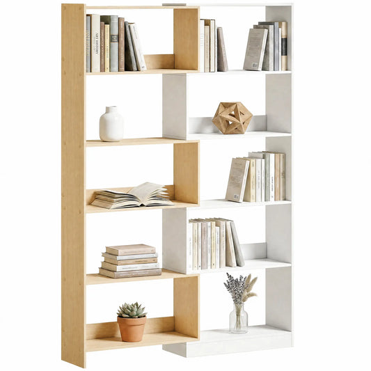 Corner Bookshelf, 5-Tier L-Shaped Bookcase with 350° Rotating Design, Two-Tone Design, Fruitwood/White Display Bookshelves Fruitwood, White at Gallery Canada