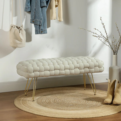 Velvet End of Bed Bench, 39", Gold Metal Legs, Cream White Storage Ottomans & Benches at Gallery Canada