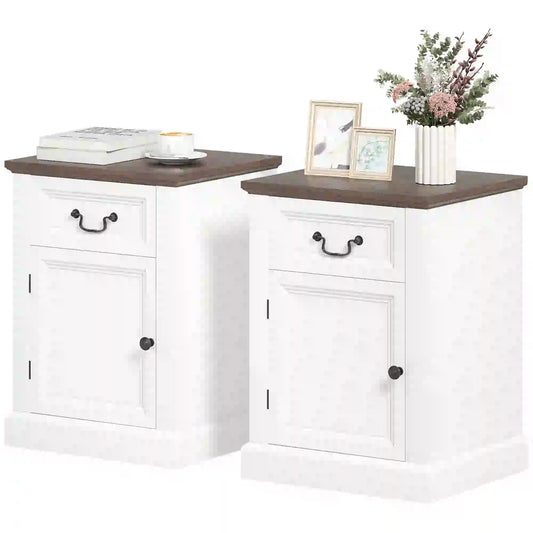Side Table Set of 2, with Drawer and Cabinet, White Side Tables White, Brown at Gallery Canada