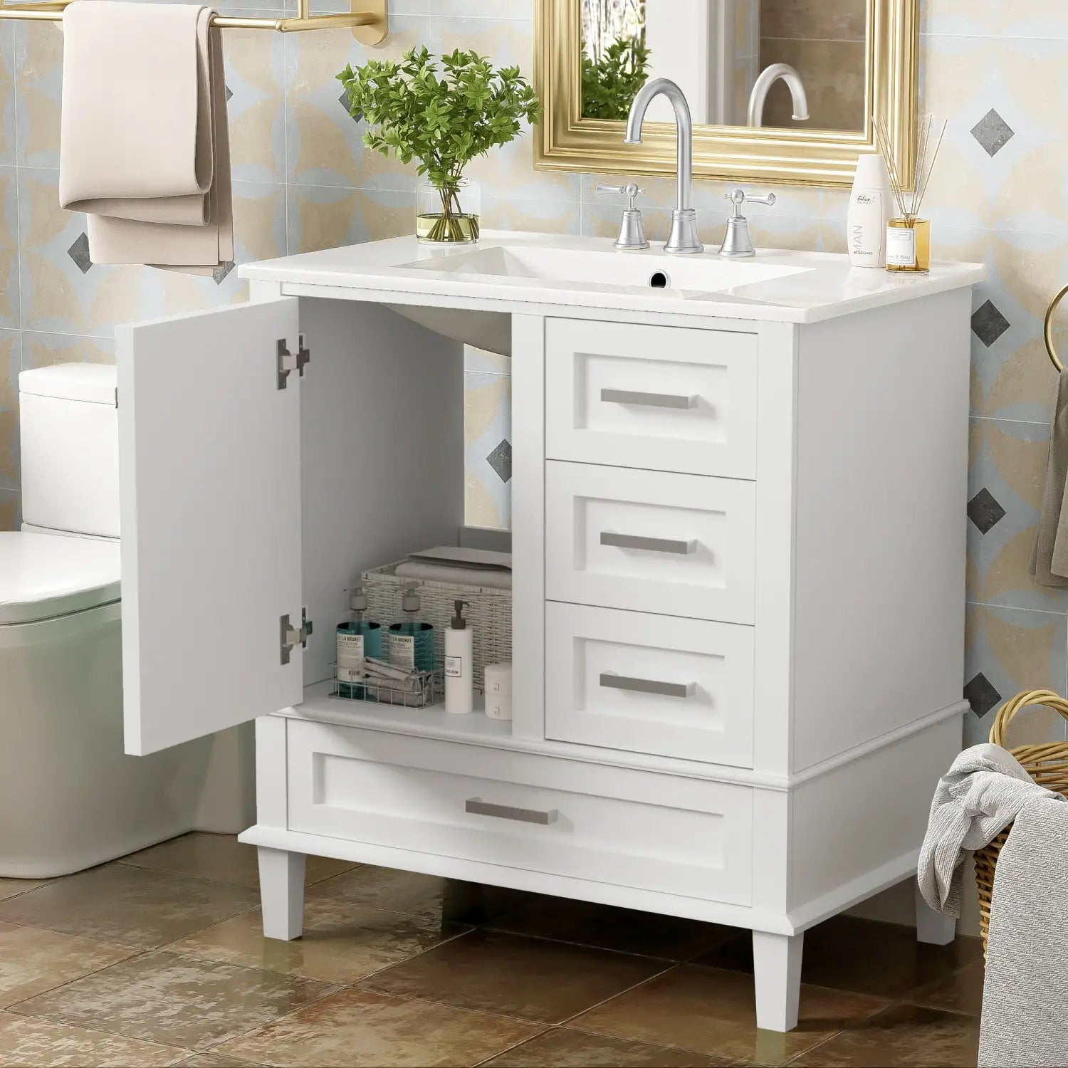 Solid Wood Bathroom Vanity, Sink Combo, Soft-Close Door, 3 Drawers, 30