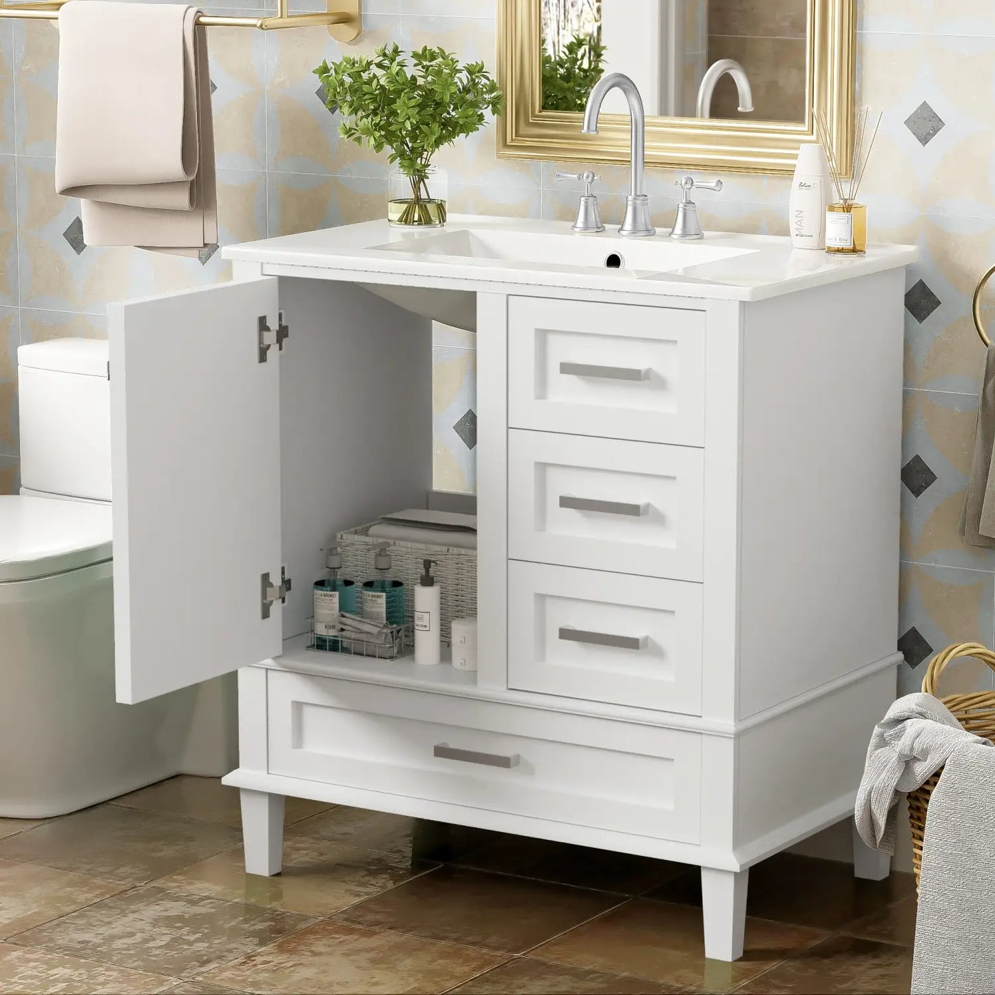 Solid Wood Bathroom Vanity, Sink Combo, Soft-Close Door, 3 Drawers, 30" L x 18" W x 34" H, White Sink Cabinets at Gallery Canada
