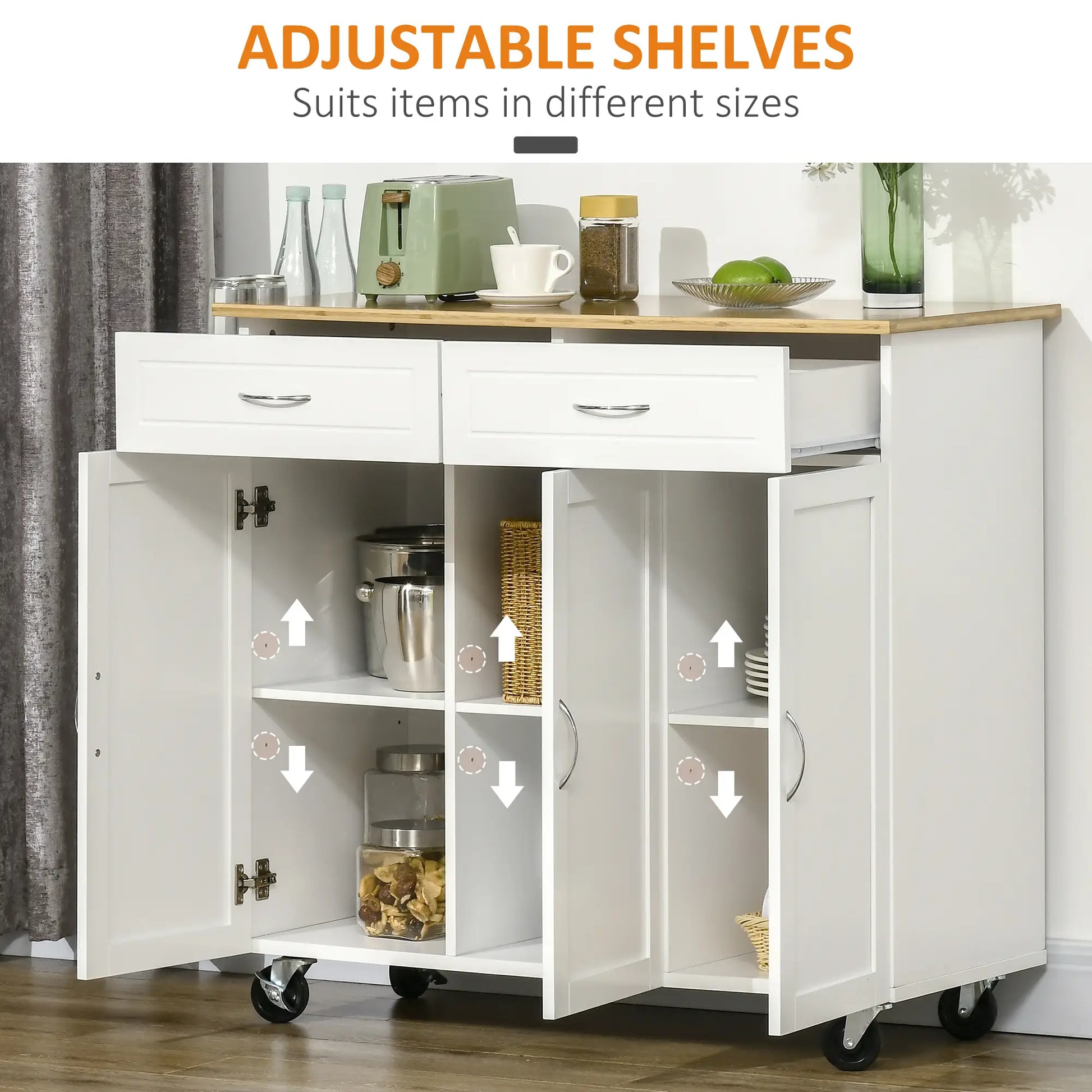 Kitchen Cart with Storage, Bamboo Countertop, Drawers, White Kitchen Islands & Kitchen Carts at Gallery Canada