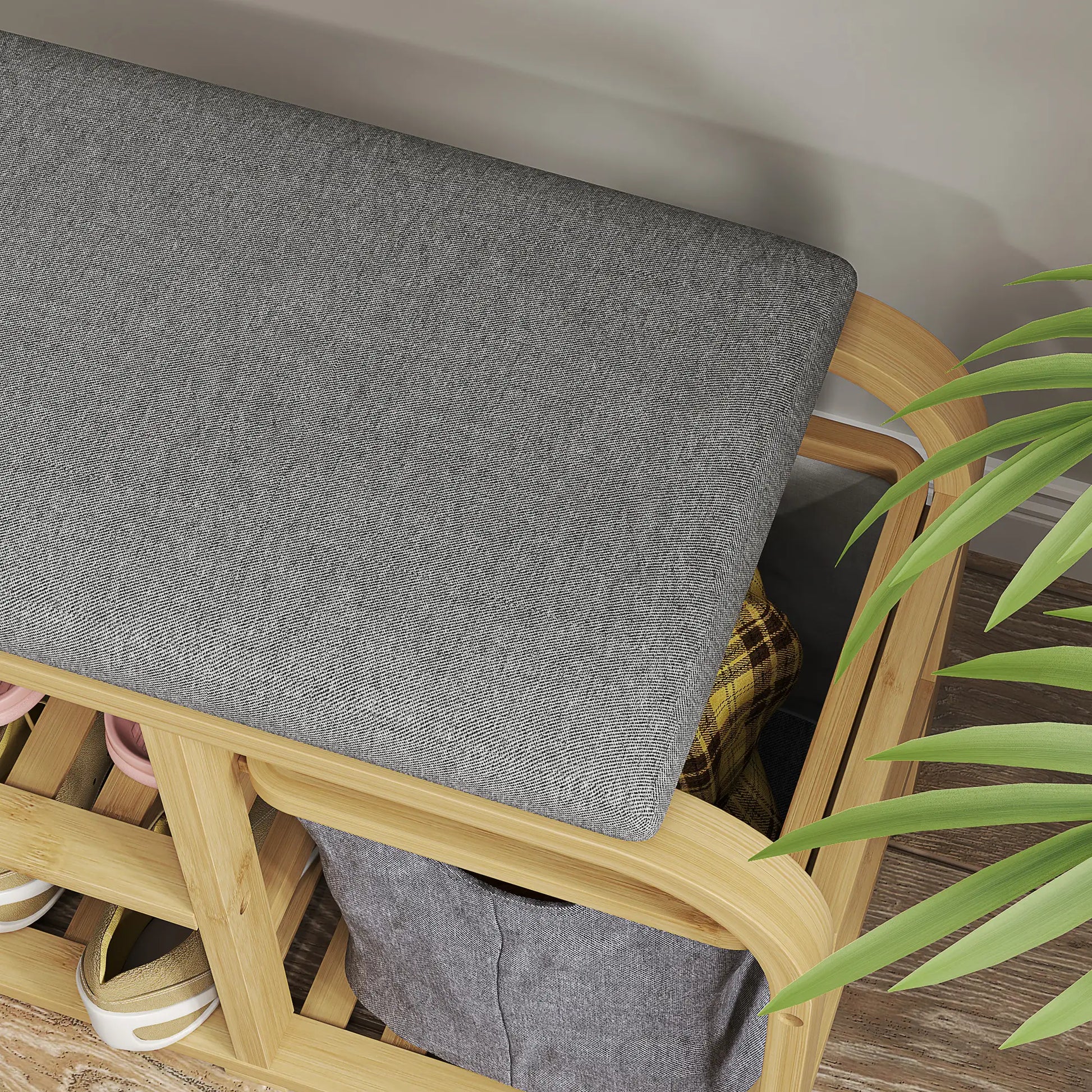 Bamboo Entryway Bench, Shoe Storage with Cushion, Slat Shelves, Pull-Out Basket Storage Ottomans & Benches at Gallery Canada