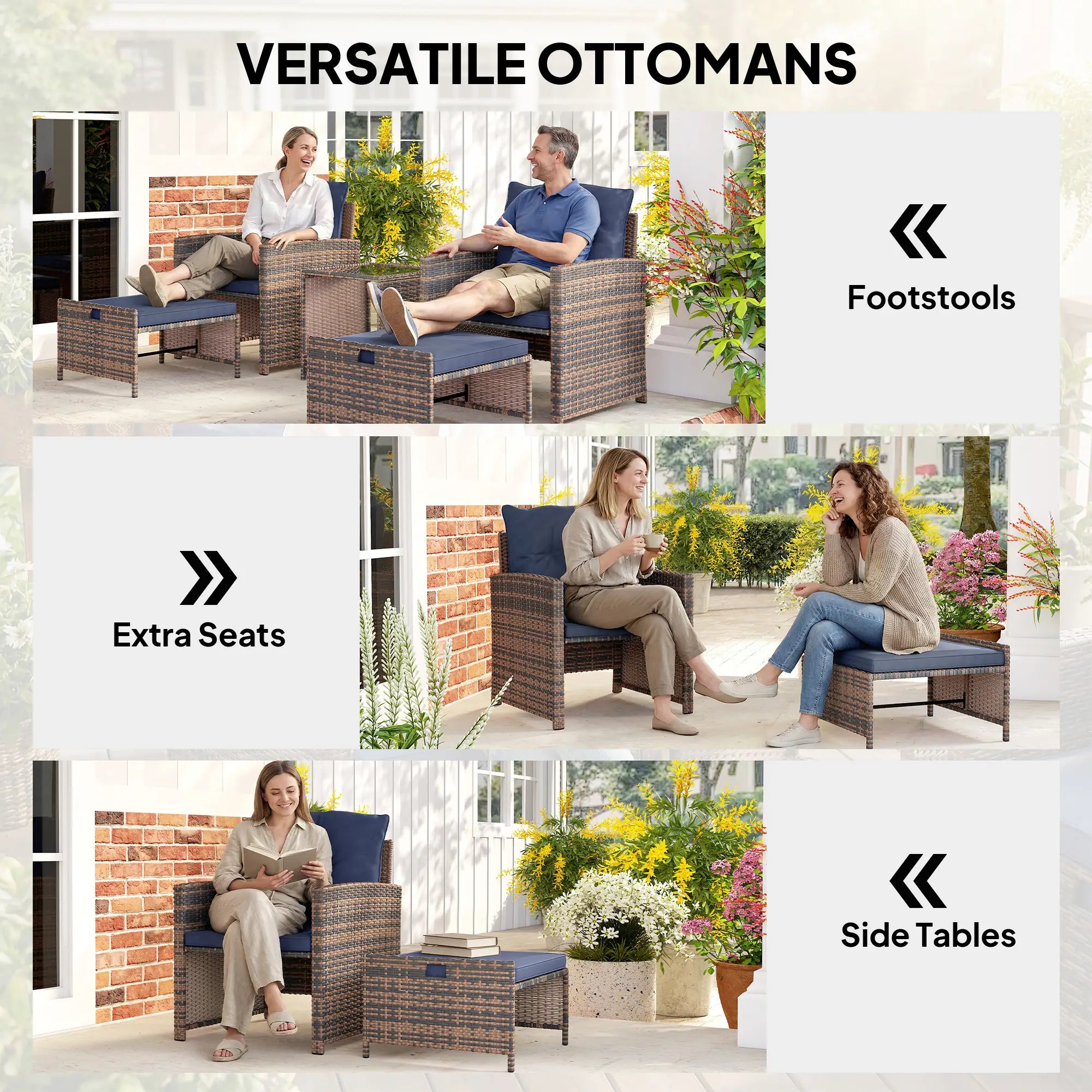 5 Piece Patio Set, Wicker Chairs With Ottomans, Glass Coffee Table, Brown/Dark Blue Patio Furniture Sets at Gallery Canada