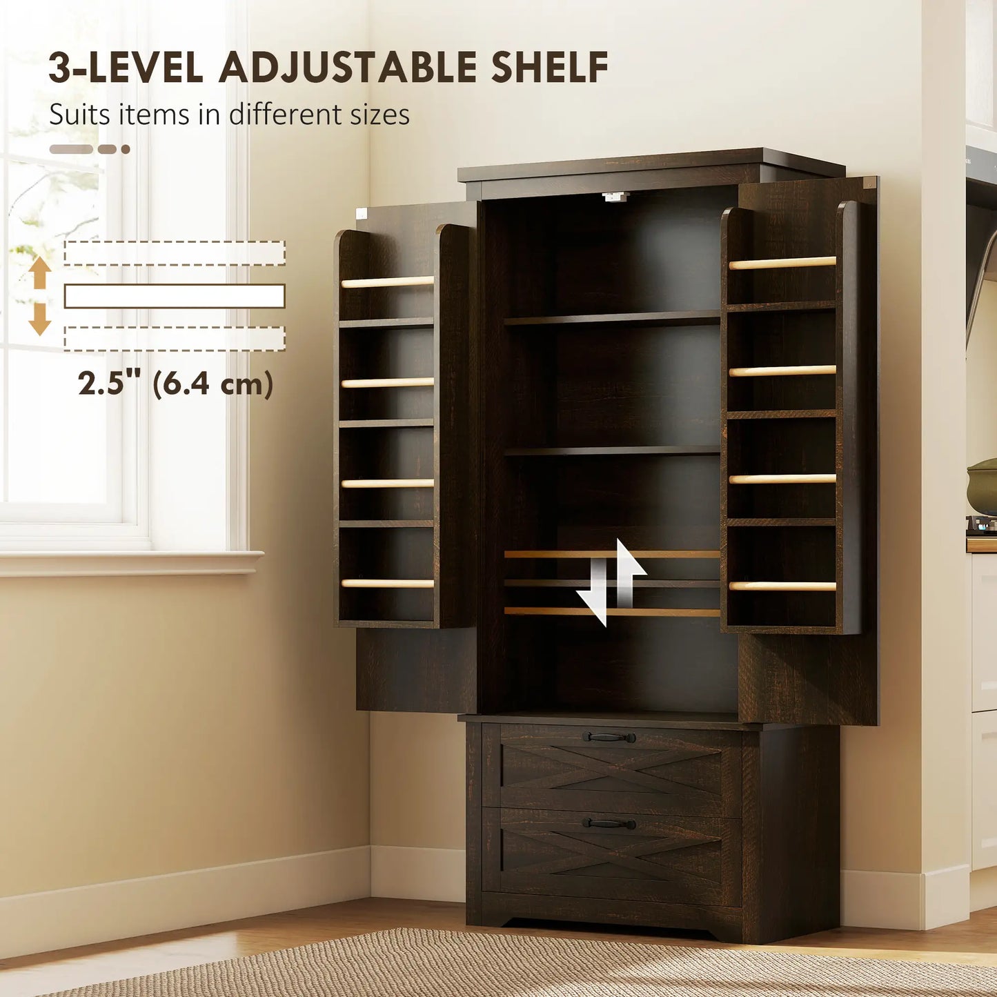 Farmhouse Kitchen Pantry Cabinet, 64", Distressed Dark Brown Kitchen Pantry Cabinets at Gallery Canada