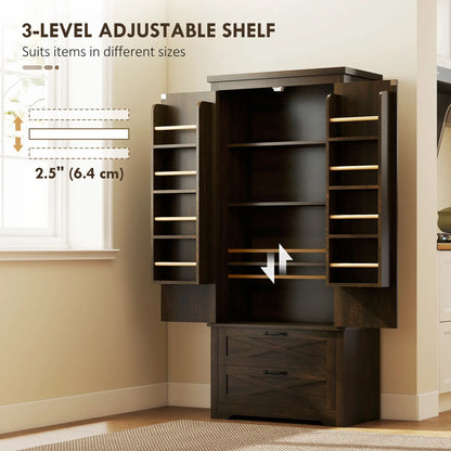 Farmhouse Kitchen Pantry Cabinet, 64", Distressed Dark Brown Kitchen Pantry Cabinets at Gallery Canada