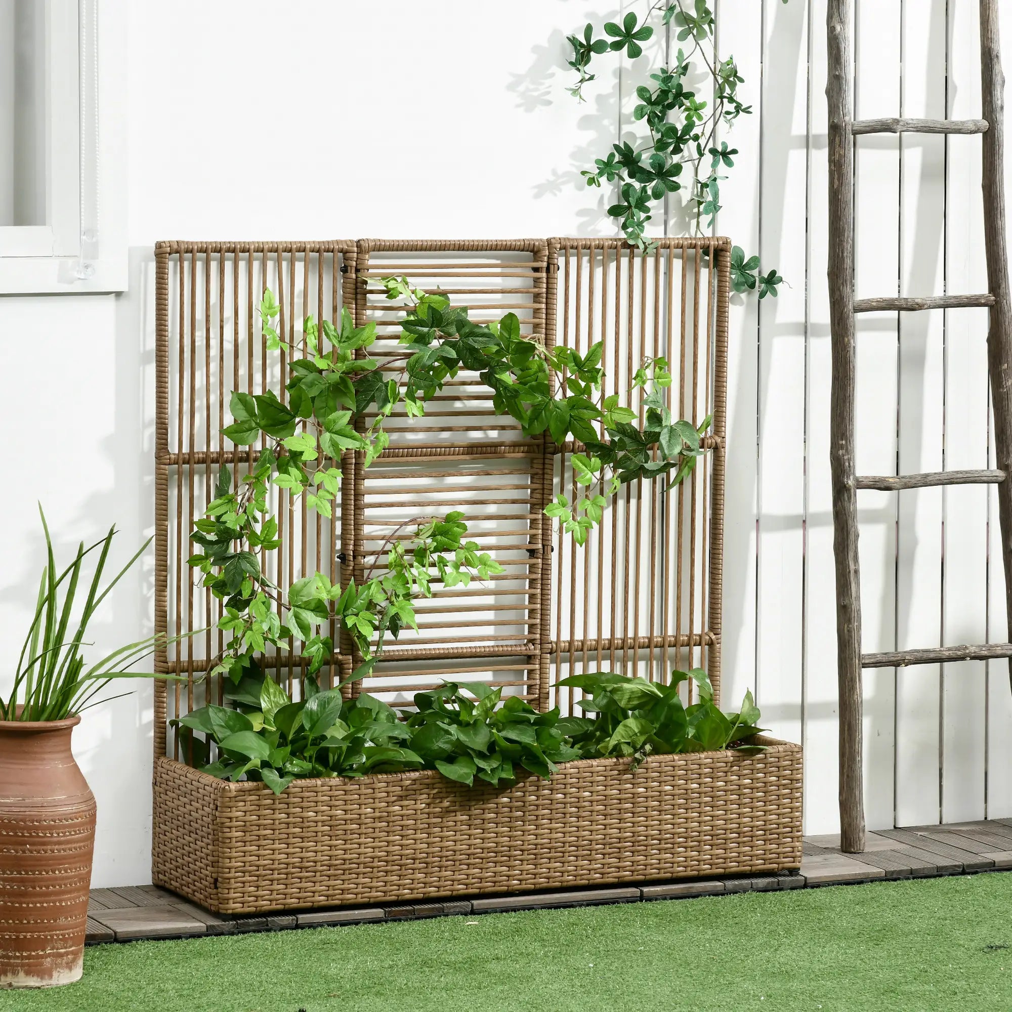 Raised Garden Bed with Lattice Trellis, Rattan Planter with Storage, Sand Brown Raised Garden Beds at Gallery Canada