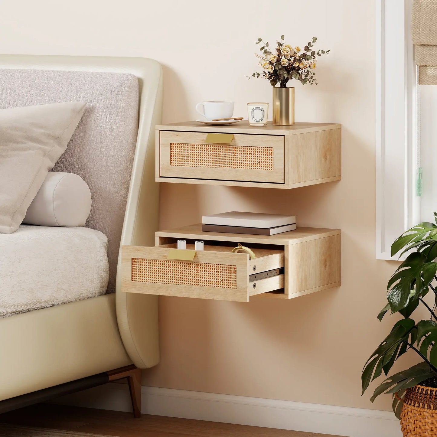 Floating Bedside Tables Set Of 2, Wall Mounted Nightstands, Rattan Drawer, Wood Effect, Oak