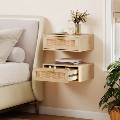 Floating Bedside Tables Set Of 2, Wall Mounted Nightstands, Rattan Drawer, Wood Effect, Oak