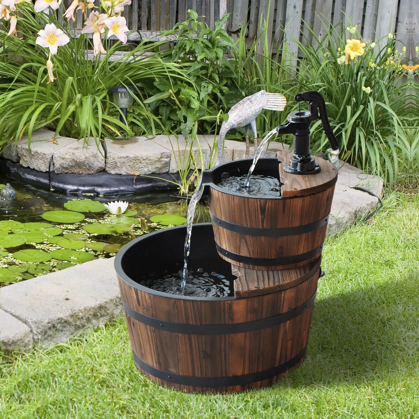 2-Tier Wooden Barrel Water Fountain, Electric Pump, Outdoor Indoor Decor Water Fountains at Gallery Canada