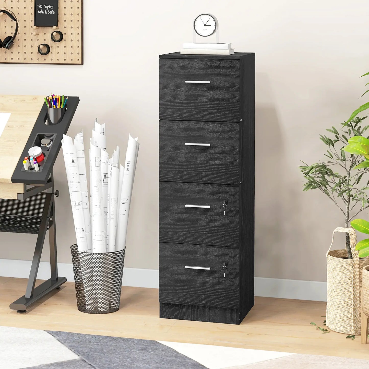 4 Drawer Vertical Filing Cabinet with Lock, Adjustable Hanging Bar, Black Office Cabinets & Cupboards at Gallery Canada