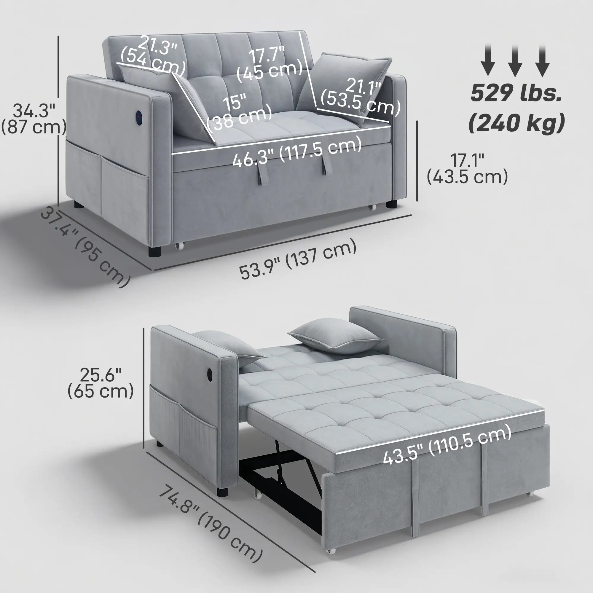 3-In-1 Convertible Sofa Bed, Pull Out Sleeper, Adjustable Backrest, Light Grey 2-Seater Sofas at Gallery Canada