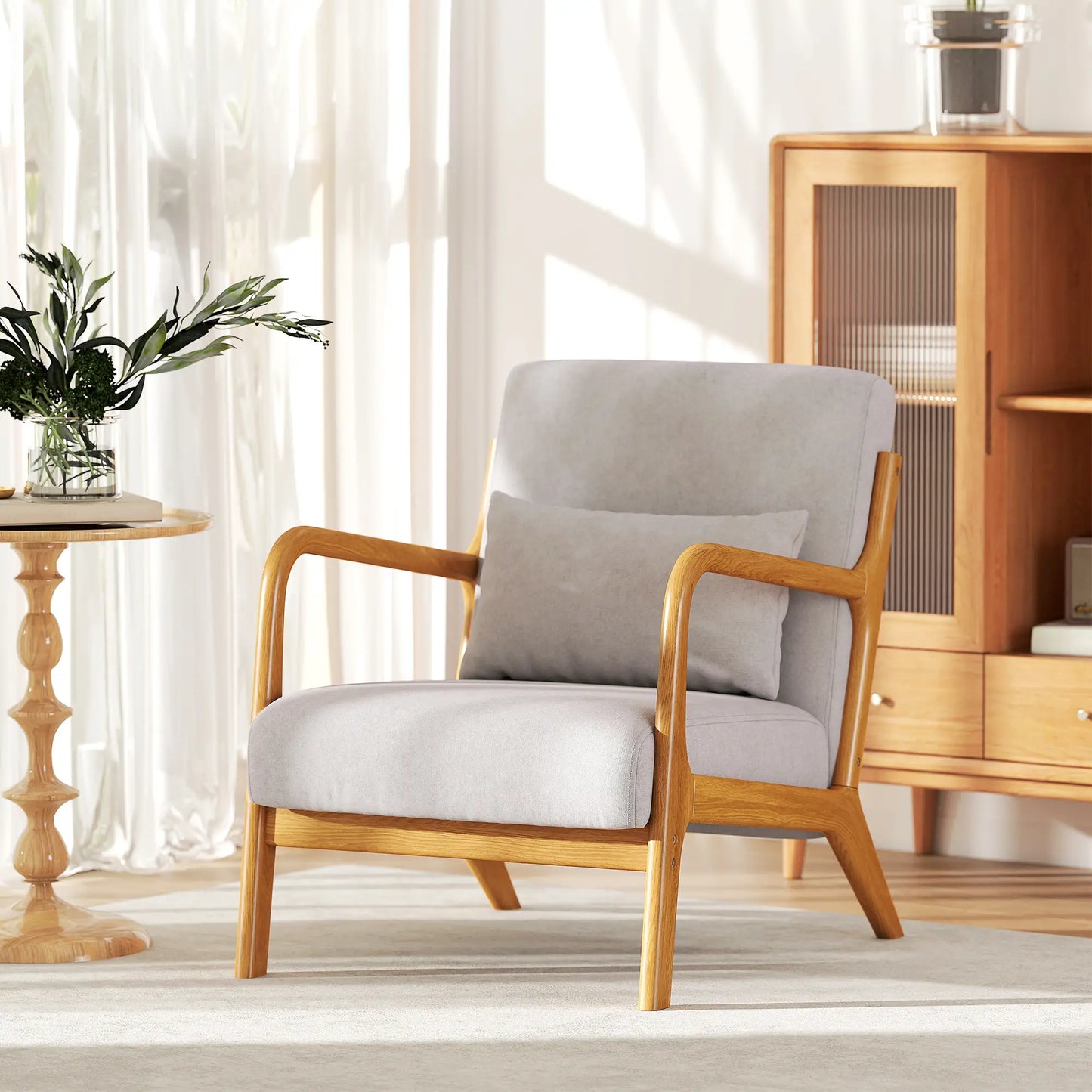 Velvet Armchair, Retro Accent Chair with Wood Legs, Grey Accent Chairs at Gallery Canada