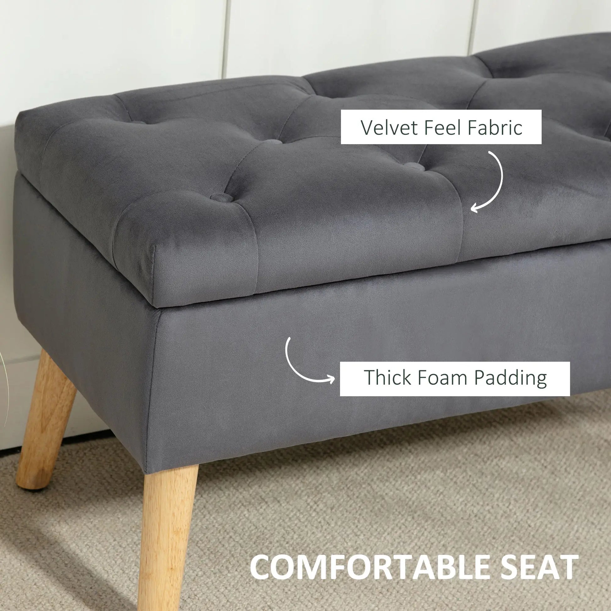 Velvet Storage Ottoman with Lid, Wood Legs, Charcoal Grey Storage Ottomans & Benches at Gallery Canada
